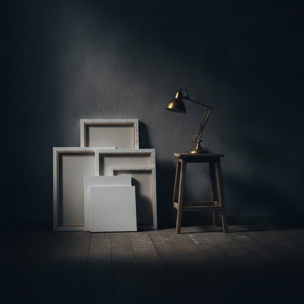 Dunkle Ecke eines Atelierraums mit an die Wand gelehnten Leinwänden, einem Holzhocker und einer Arbeitsleuchte