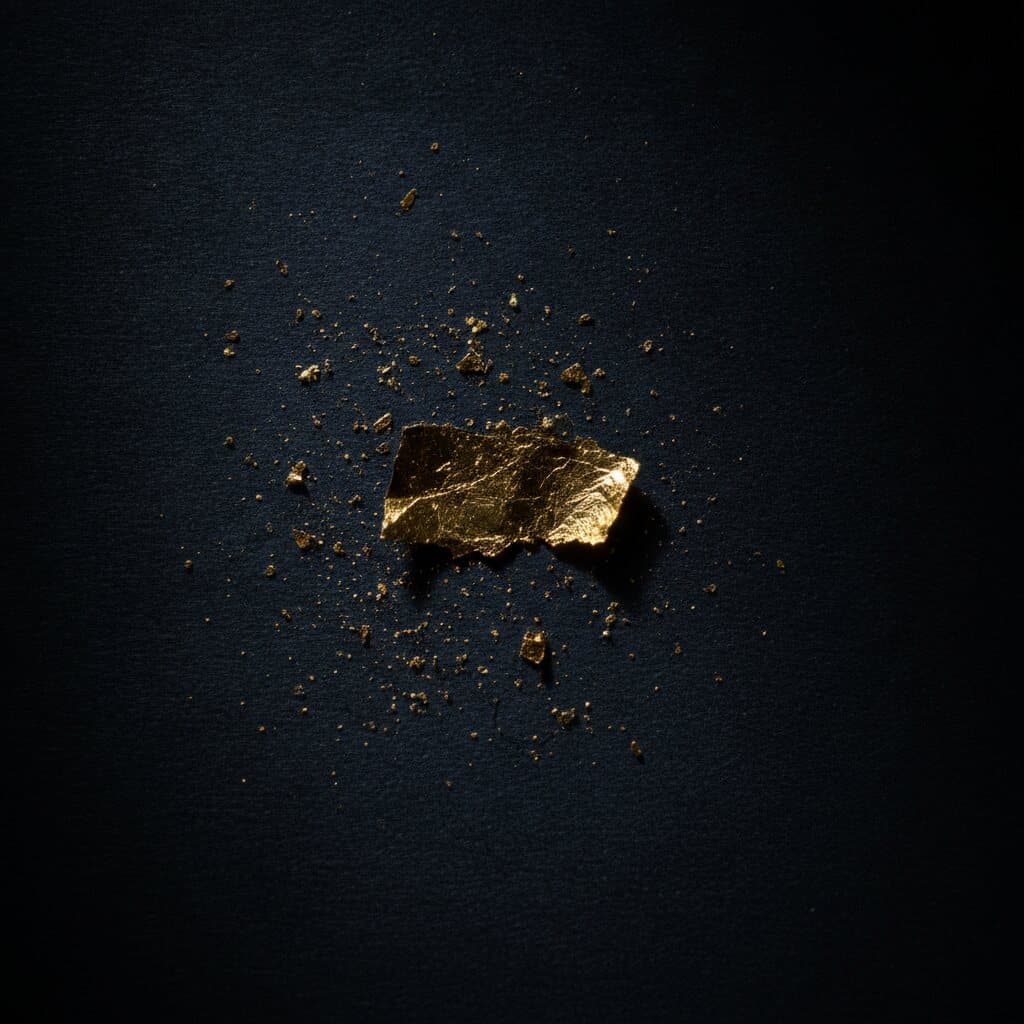 Feine Messingspäne und ein Blattmetall-Fragment auf dunklem Papier