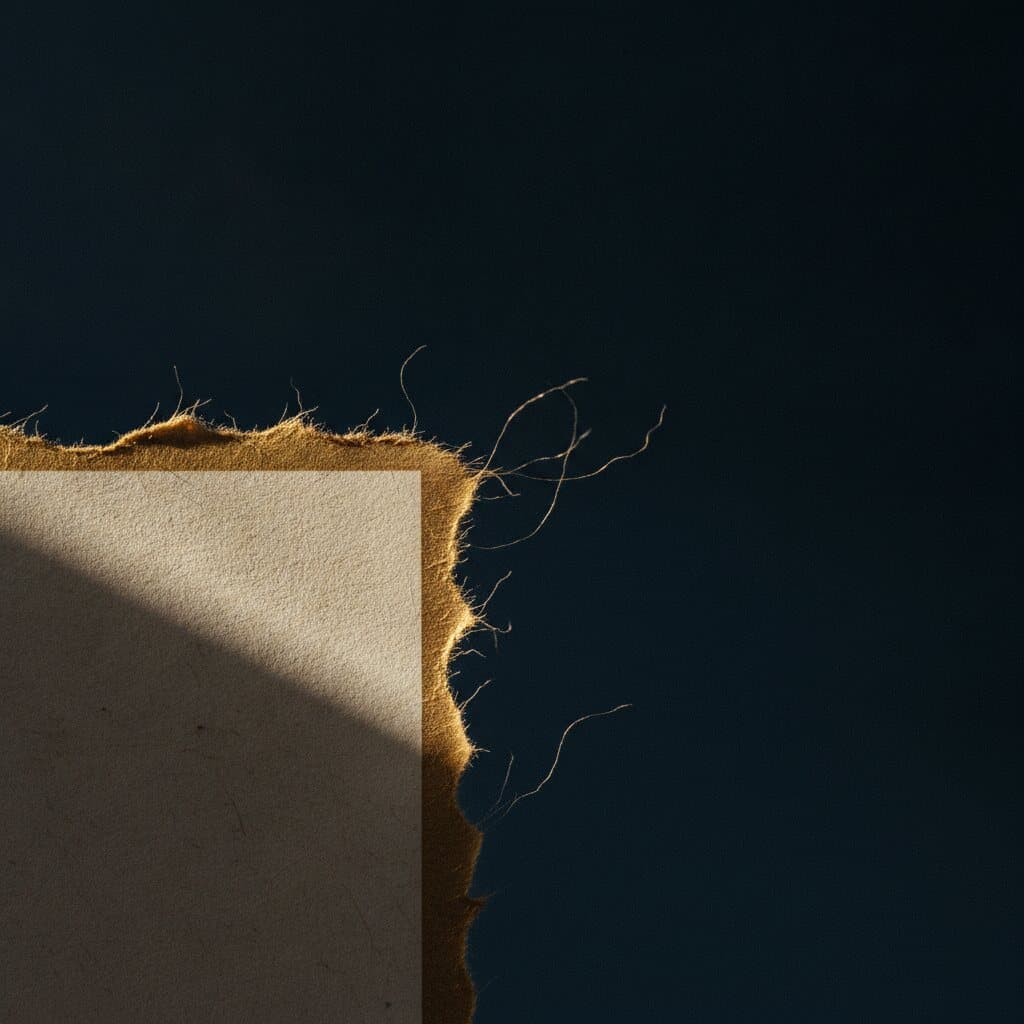 Gerissene Büttenkante eines schweren Papierbogens im Streiflicht